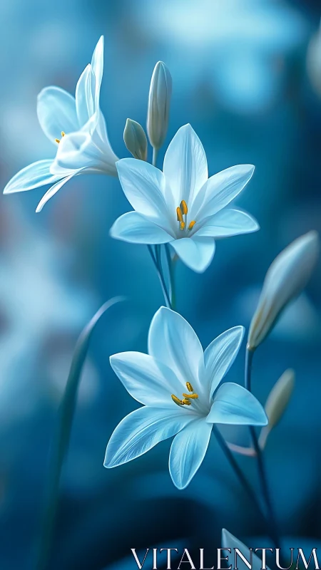 Ethereal Blue Lilies Dance: Nature's Delicate Symphony in Soft Focus.