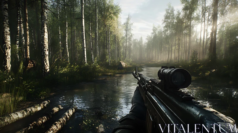 Scoped Rifle Positioned in Birch Forest Stream Environment.