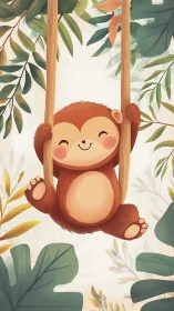 Playful baby sloth swinging through stylized tropical foliage.