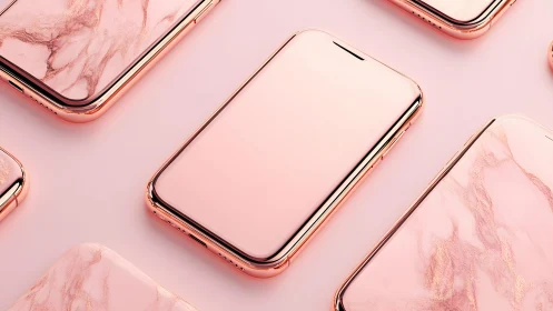 Modern rose gold smartphones with marble accents in flat lay style.