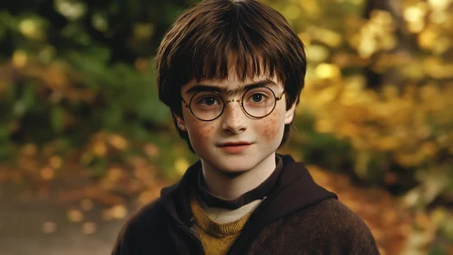 Young bespectacled dreamer in glowing autumn woodland.