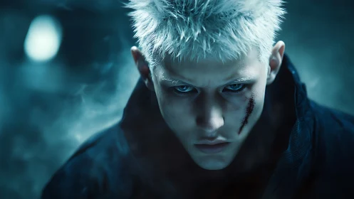 Brooding silver‑haired warrior in a cold blue haze.