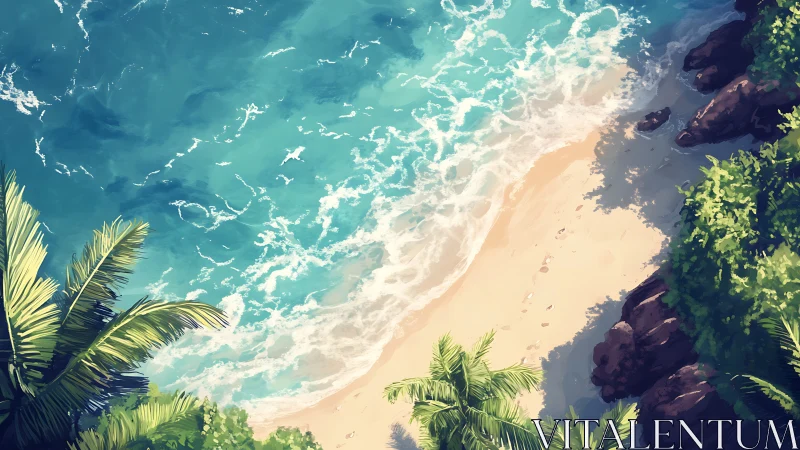 Aerial Coastal Landscape with Beach, Ocean Waves, and Tropical Vegetation
