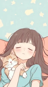 Soft starlit nap with a sleepy girl and purring kitten.