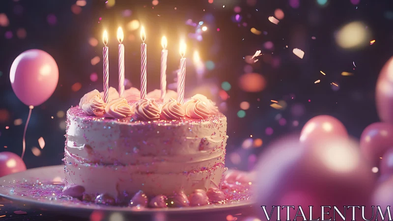 Pink Birthday Cake with Lit Candles and Bokeh Decorations
