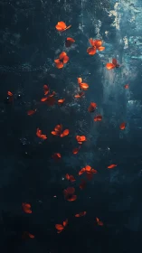 Falling Red Petals Against Distressed Teal Textured Background