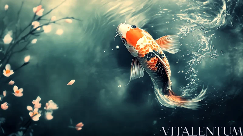 Graceful koi glides through teal water under drifting blossoms