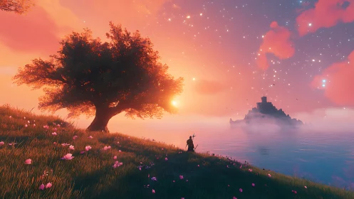 Fantasy landscape with solitary figure watching glowing castle.