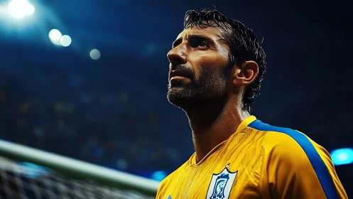Steadfast soccer player gazes upward under bright stadium lights