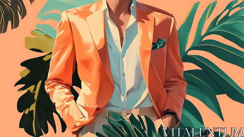 Male torso in coral blazer amid stylized tropical leaves.