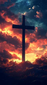 Solitary wooden cross blazing against a storm of sacred light.