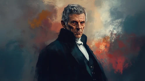 Stern elderly gentleman stands amid swirling painted mists.