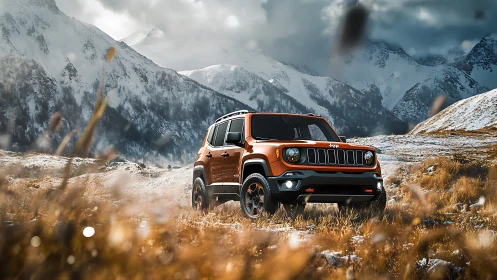 Photorealistic SUV in alpine grassland against snowbound ridges.