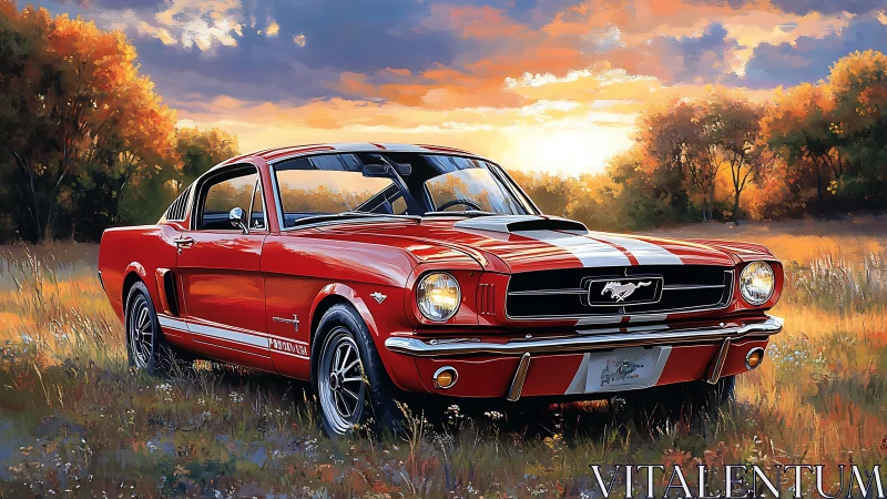 1960s red Mustang coupe rendered in luminous sunset meadow.