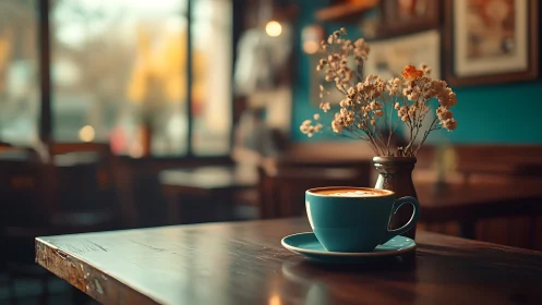 Cozy teal coffee cup glowing in a quiet sunlit cafe.