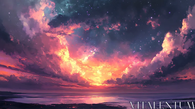 Vivid digital seascape under luminous sunset sky.