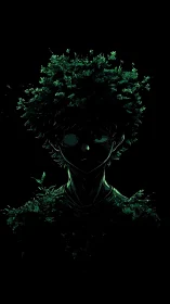 Forest crowned silhouette under deep black negative space.