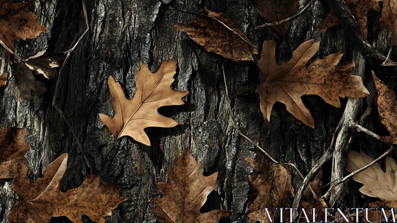 Dried oak leaves rest on rugged tree bark in earthy chiaroscuro