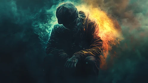 Hooded figure in smoke, split by teal shadow and fire glow.