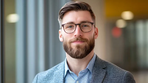 Confident bearded professional in modern office corridor.