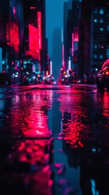 Rain soaked city street with neon pink reflections at night.