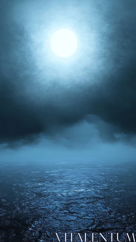 Full moon illuminates misty nocturnal seascape in blue tones