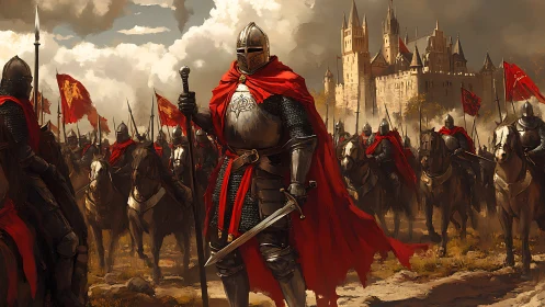 Armored mounted knights assembled before stone fortress walls.