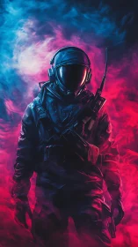 Tactical astronaut silhouette in neon magenta and cyan smoke
