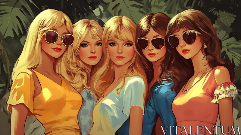 Five women in sunglasses stand closely together outdoors