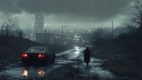 Lone figure on wet road approaching distant rainy city.