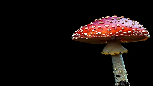 Radiant red woodland mushroom glowing against night black.