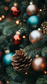 Glittered pine cone and baubles hang on decorated Christmas tree