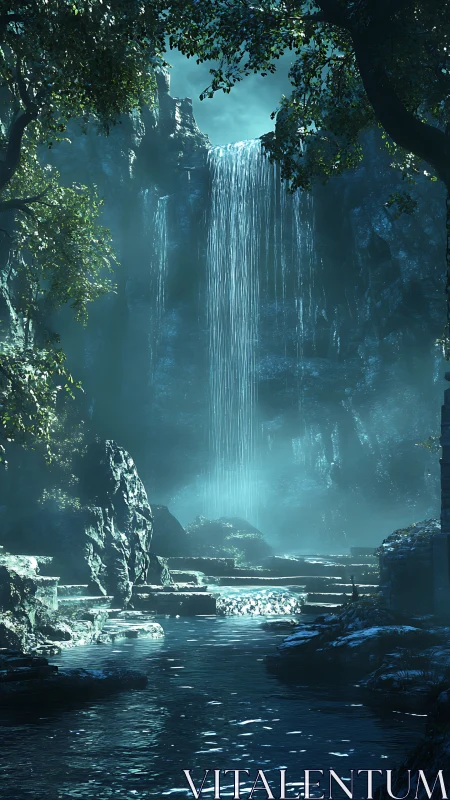 Spectral forest waterfall in volumetric blue atmospheric light.