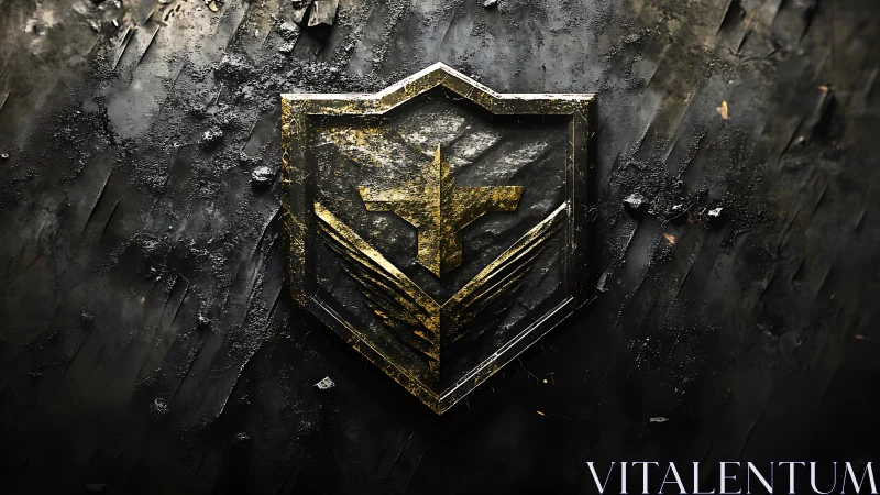 Battleworn golden emblem carved into scorched steel wall.