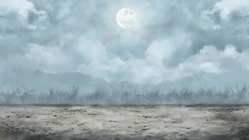 Full moon over misty field with barren cracked ground.