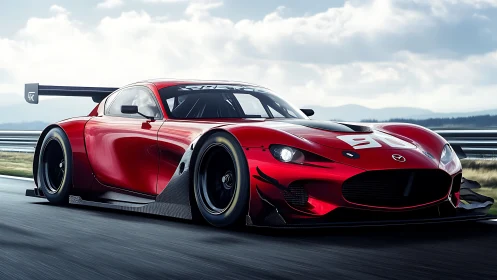 Scarlet race car storms down track under dramatic sky