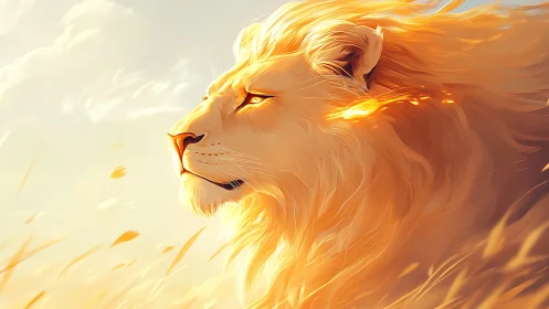 Side-profile flaming mane lion in golden backlit field