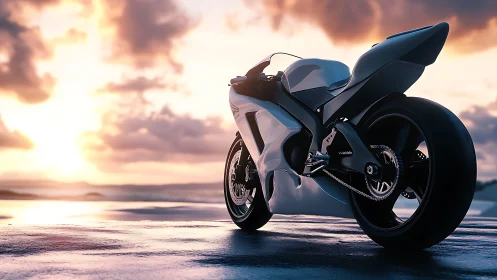Futuristic sport motorcycle on wet surface at coastal sunset.