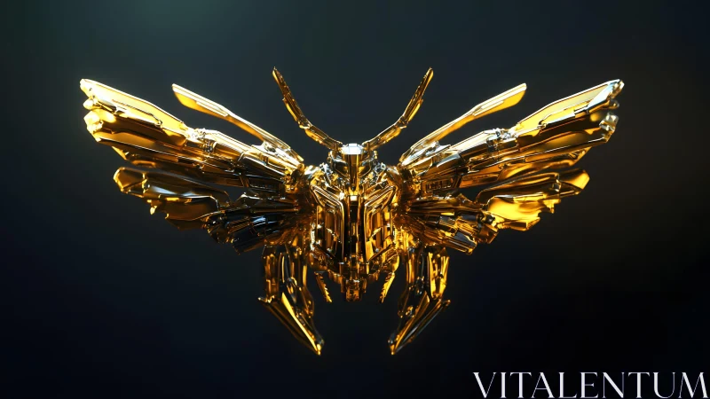 Futuristic golden robotic moth rendered in digital 3D art style.