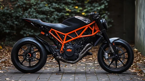 Custom KTM streetfighter motorcycle in autumn courtyard light.