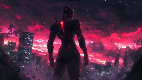 Neon dusk sentinel overlooking a storm-stained megacity skyline.