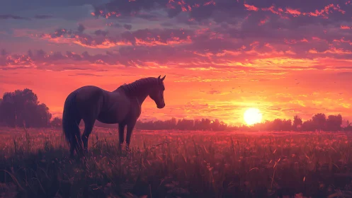 Solitary horse stands in glowing sunset meadow panorama