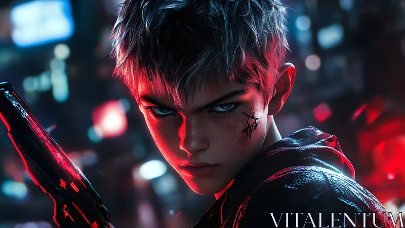 Cyberpunk youth assassin under neon rim lighting glare.