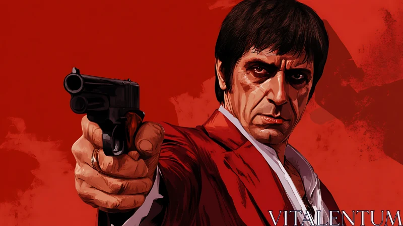 Man in red suit points handgun toward viewer on red backdrop