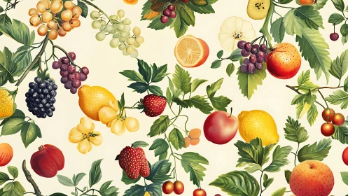 Botanical fruit pattern with clustered citrus, berries and vines.