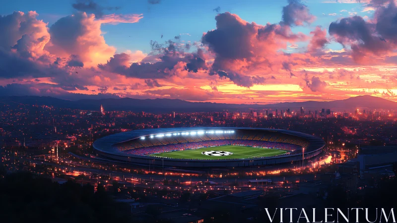 Sunset city stadium panorama under glowing match lights.