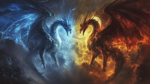 Elemental twin dragons clash amid volumetric storm clouds, backlit