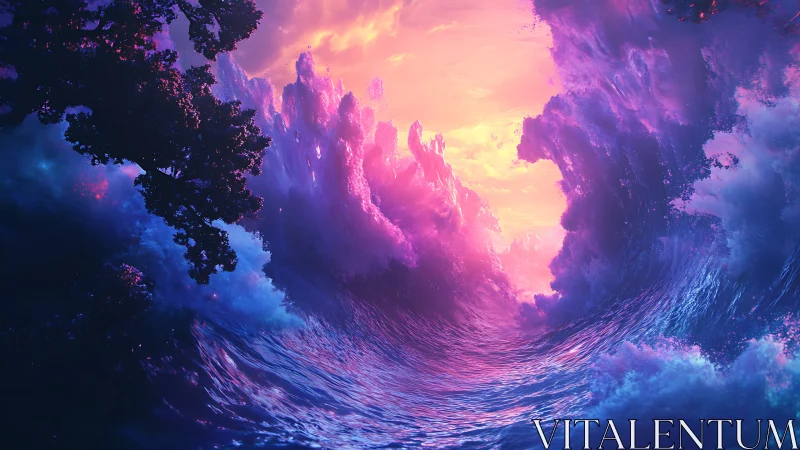 Chromatic vortex seascape with luminescent nebular waves.