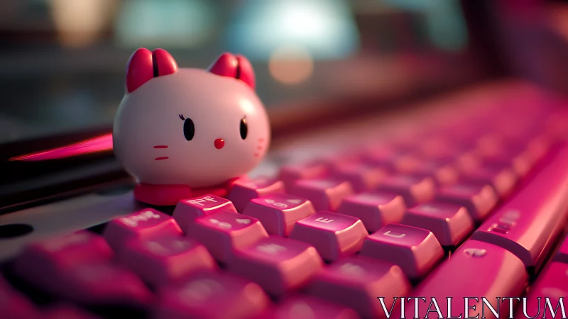 Cute cat USB accessory glows over neon pink keyboard.