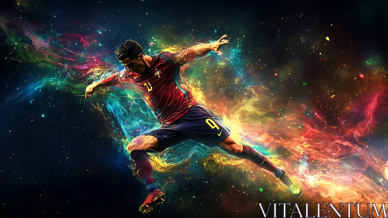 Explosive soccer kick ignites swirling neon cosmic trails